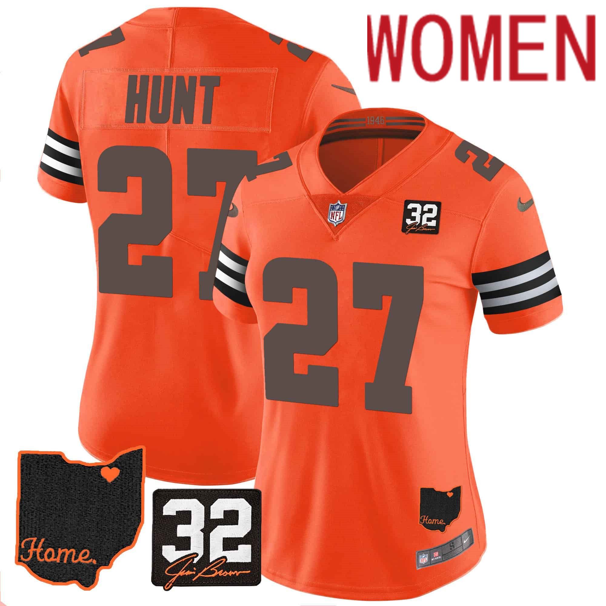Women Cleveland Browns 27 Hunt Orange Memorial Home Patch 2024 Nike NFL Jersey